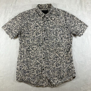 Short Sleeve 100% Cotton Button Down Shirt Size Large Gray White Preppy Floral